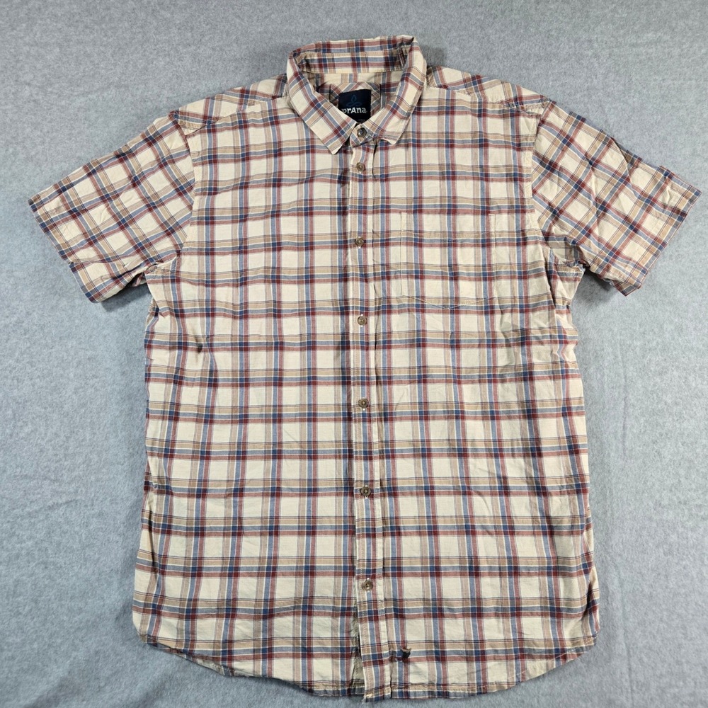 Prana Mens XL Short Sleeve Plaid Button Down Shirt Tan Blue Red Outdoor Casual